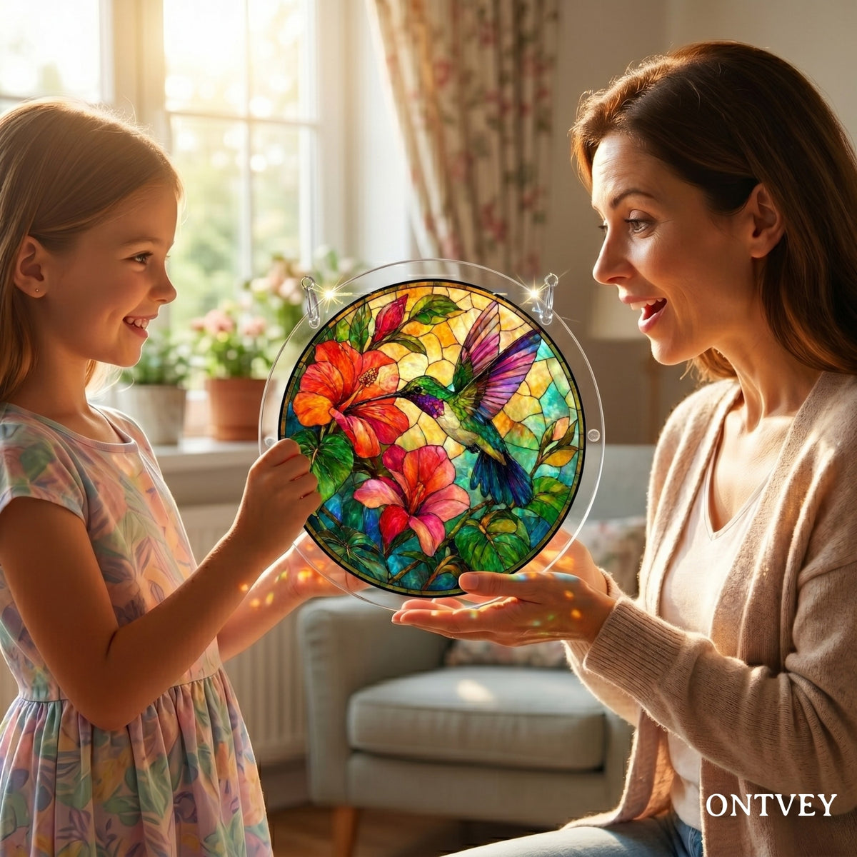 Mother and daughter holding the finished Hummingbird puzzle suncatcher