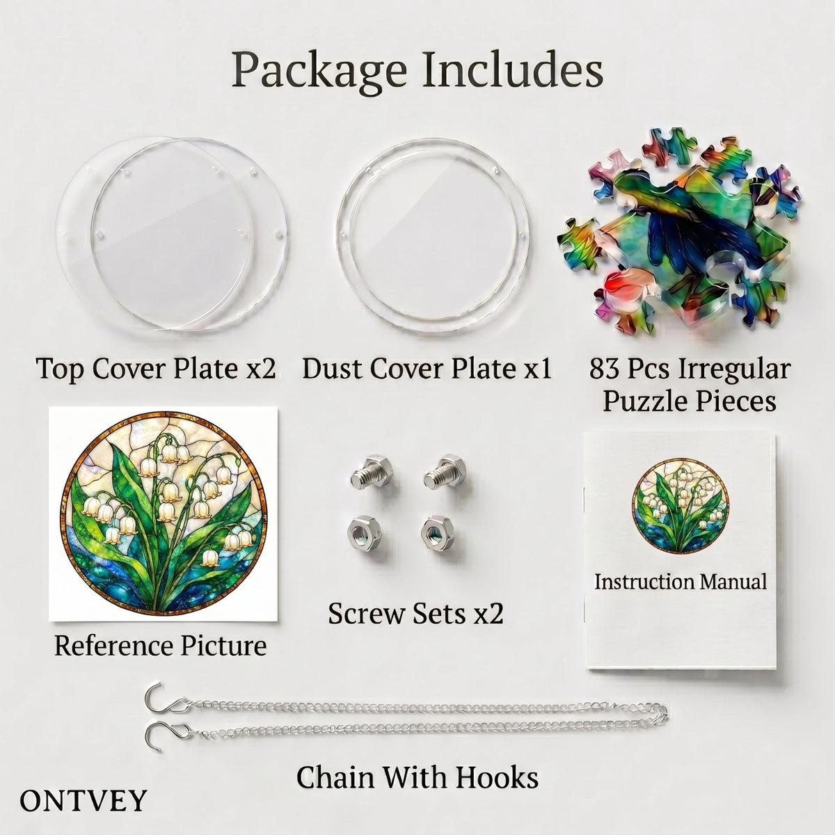 Lily of the Valley suncatcher kit contents: cover plates, 83 puzzle pieces, reference picture, screw sets, manual and hanging chain