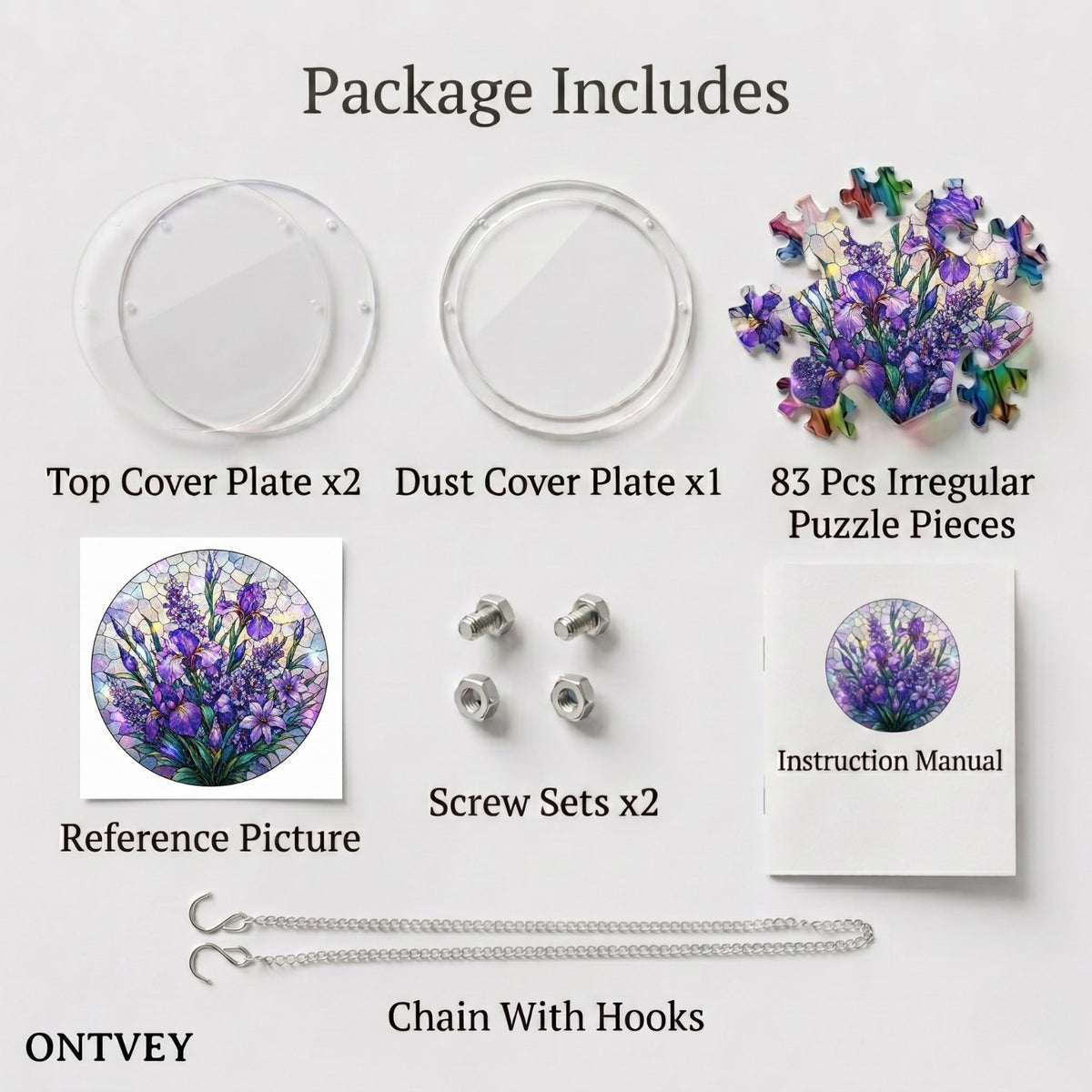 Purple Flower suncatcher kit contents: cover plates, 83 puzzle pieces, reference picture, screw sets, manual and hanging chain