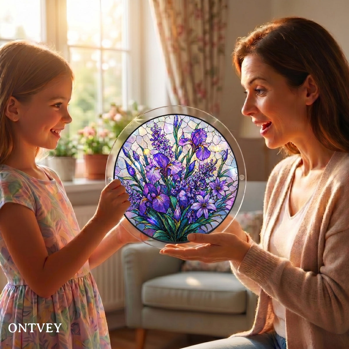 Mother and daughter holding the finished Purple Flower puzzle suncatcher