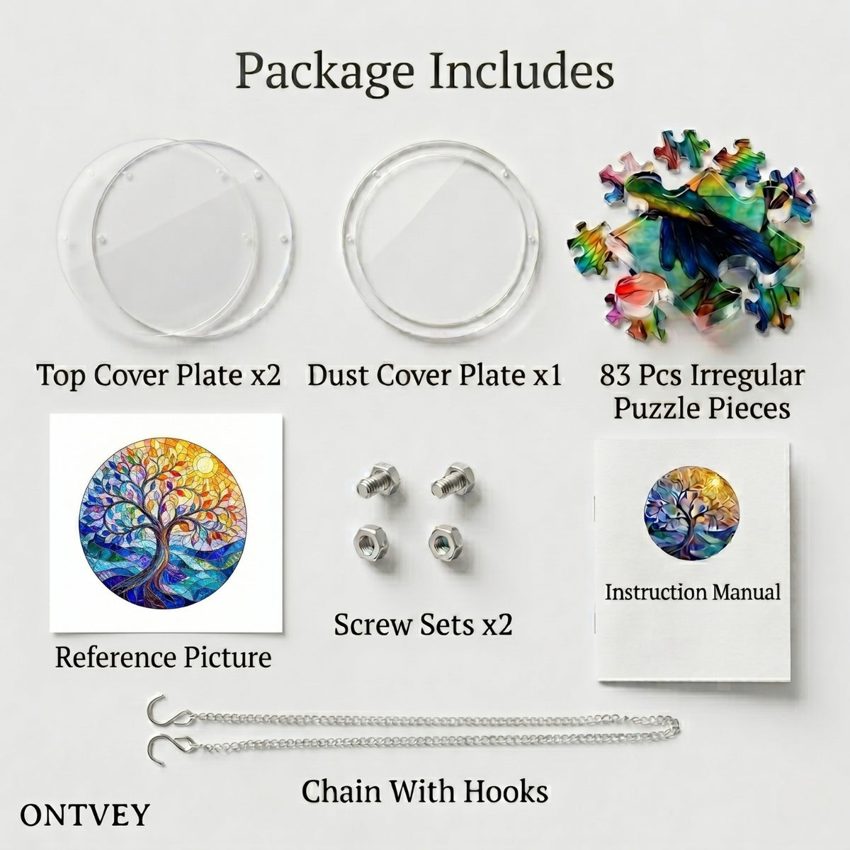 Vivid Tree suncatcher kit contents: cover plates, 83 puzzle pieces, reference picture, screw sets, manual and hanging chain