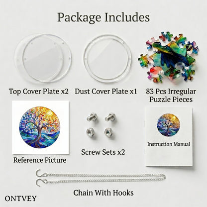 Vivid Tree suncatcher kit contents: cover plates, 83 puzzle pieces, reference picture, screw sets, manual and hanging chain