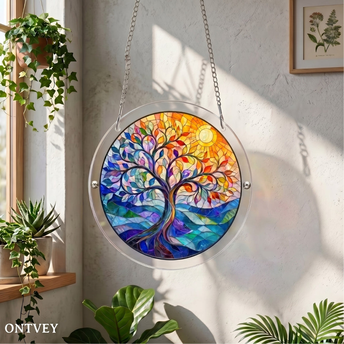 Vivid Tree acrylic puzzle suncatcher hanging by a sunny window