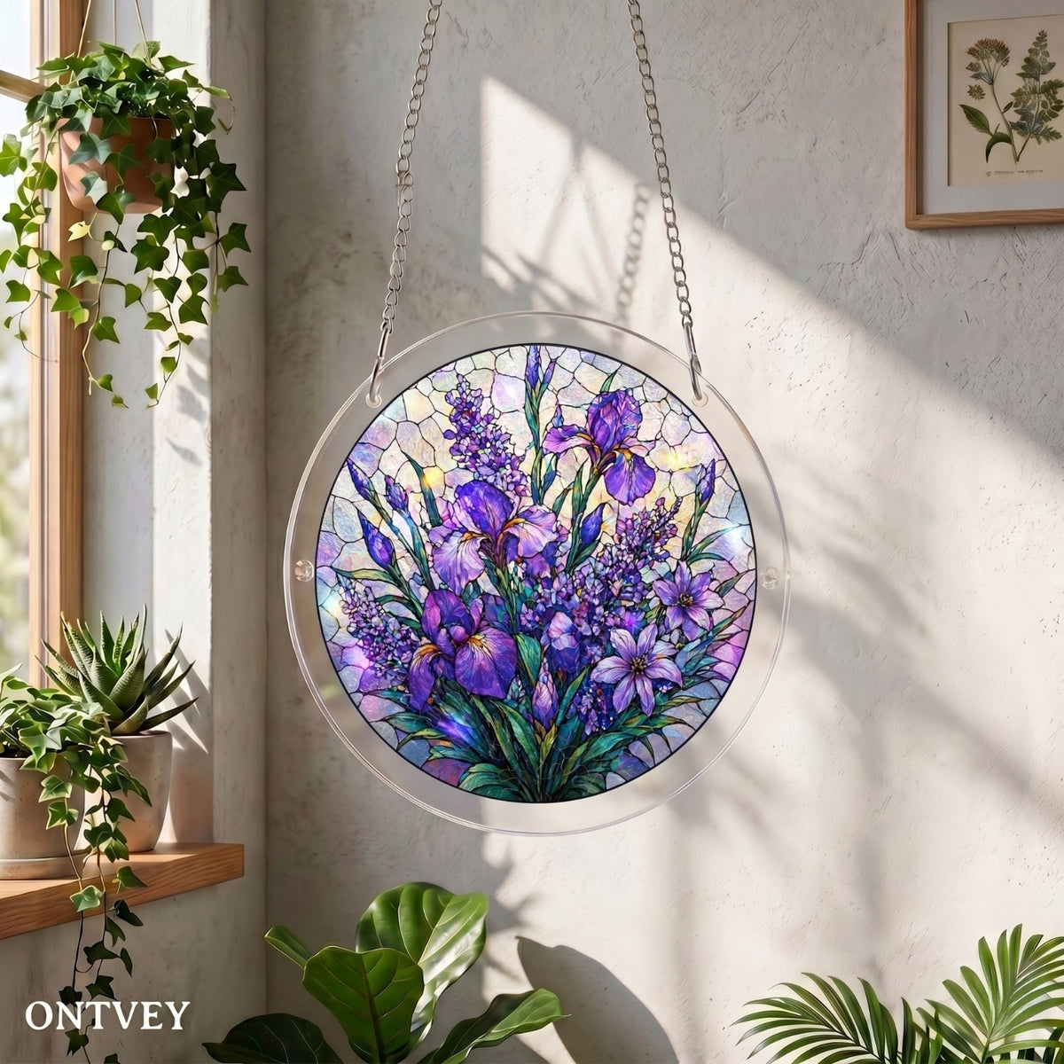 Purple Flower acrylic puzzle suncatcher hanging by a sunny window