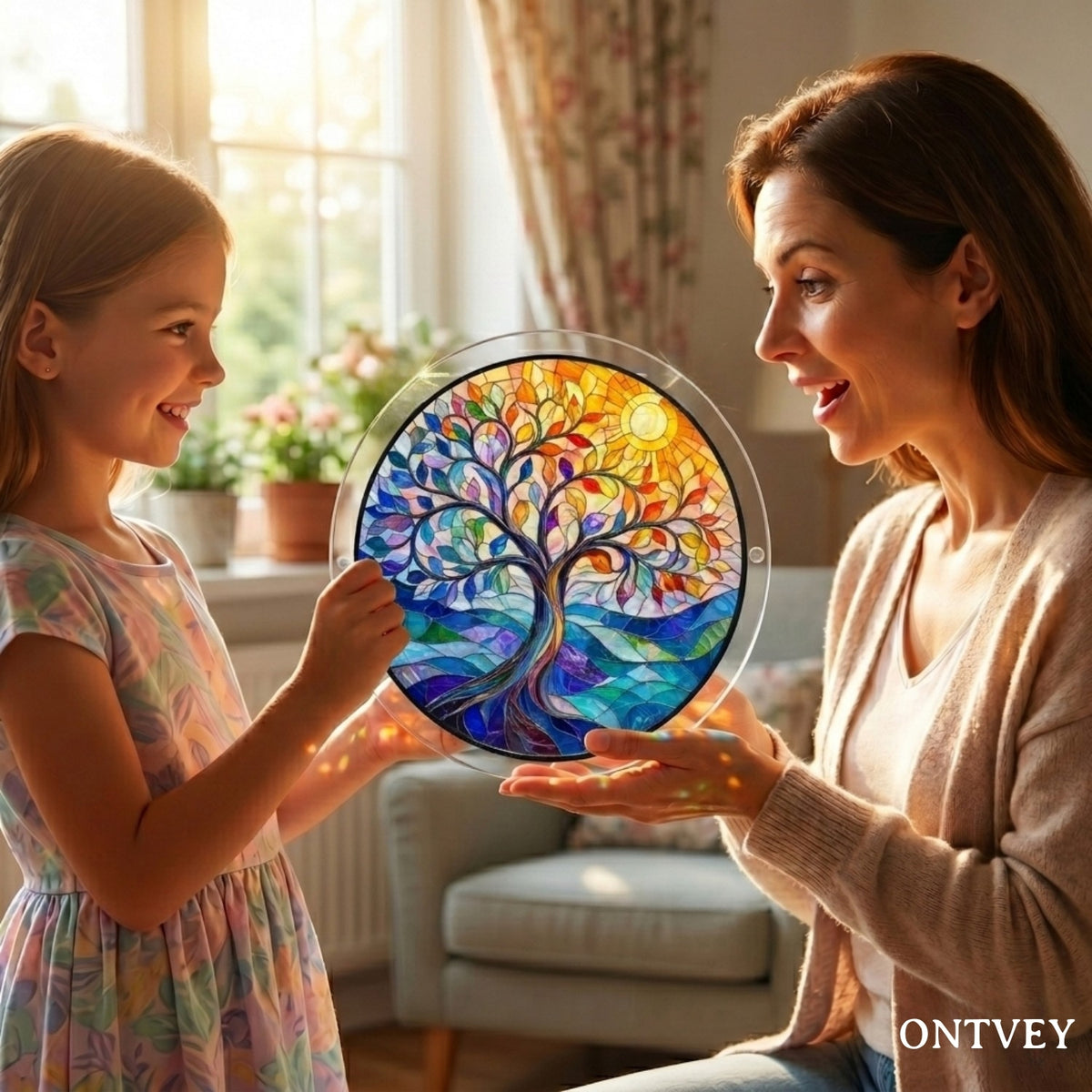 Mother and daughter holding the finished Vivid Tree puzzle suncatcher
