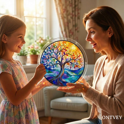 Mother and daughter holding the finished Vivid Tree puzzle suncatcher