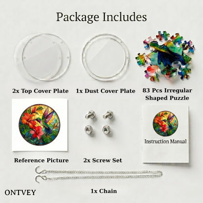 Hummingbird suncatcher kit contents: cover plates, 83 puzzle pieces, reference picture, screw sets, manual and hanging chain