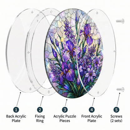 Exploded view of the Purple Flower suncatcher: back acrylic plate, fixing ring, puzzle pieces, front plate and screws