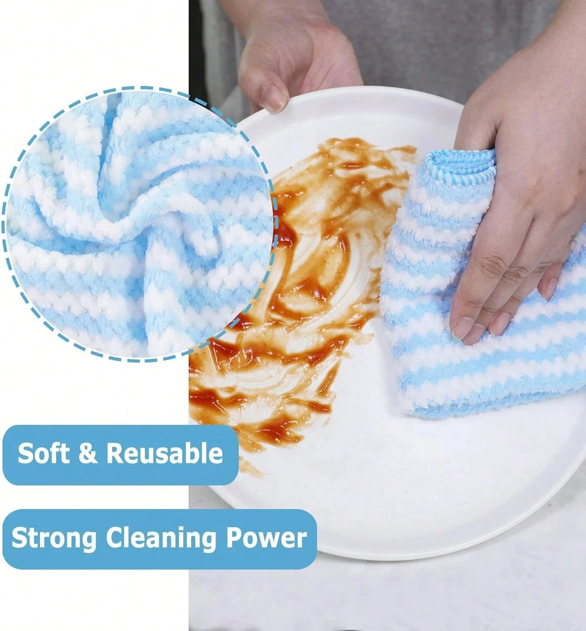 Close-up of the soft, textured cloth wiping sauce off a plate