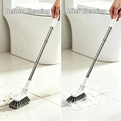 Before and after: grimy bathroom floor tiles cleaned with the scrub brush