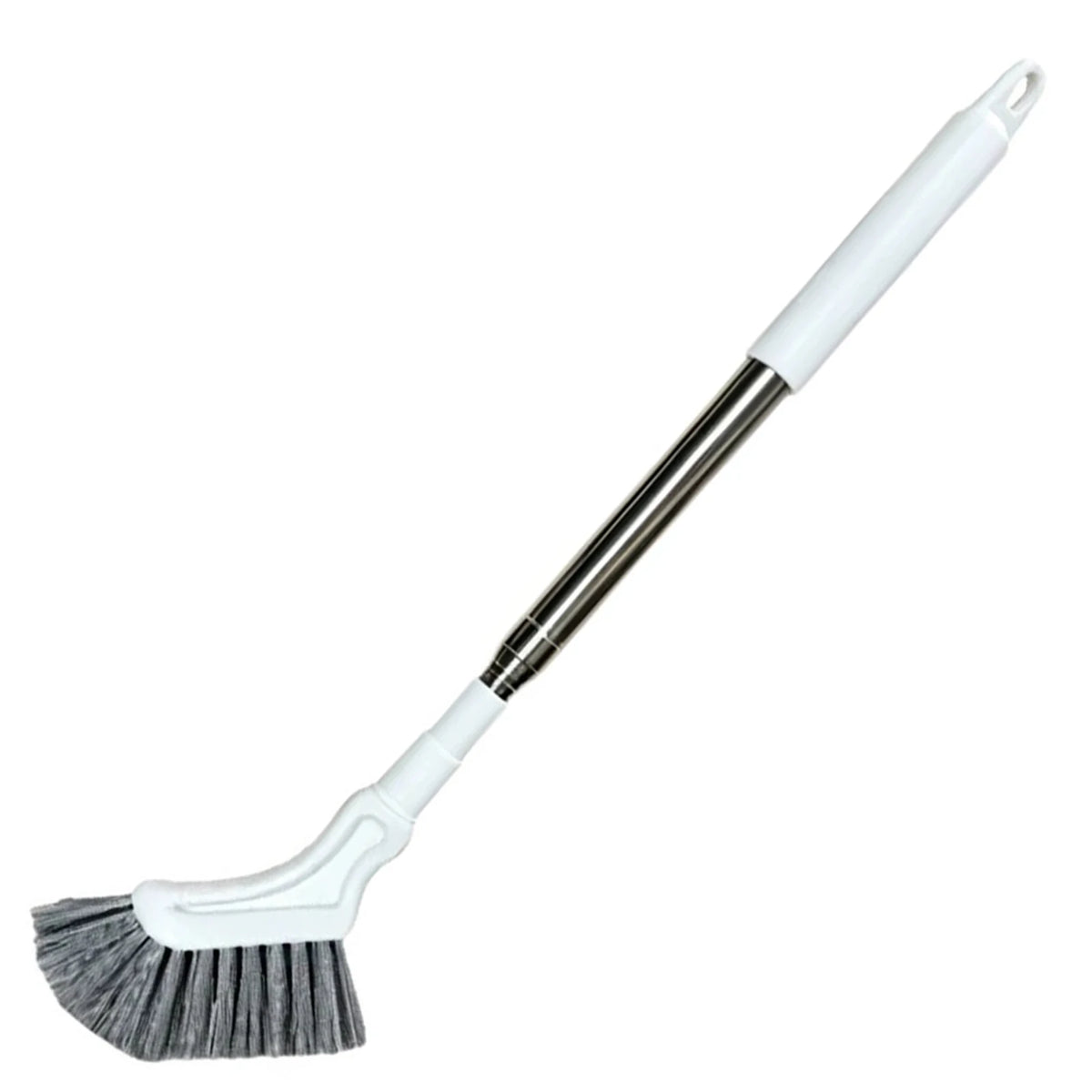 One extendable floor scrub brush with white head, gray bristles and stainless steel handle