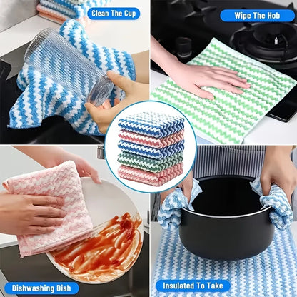 Dish cloths used to clean a glass, wipe a stovetop, wash a plate and hold a hot pot