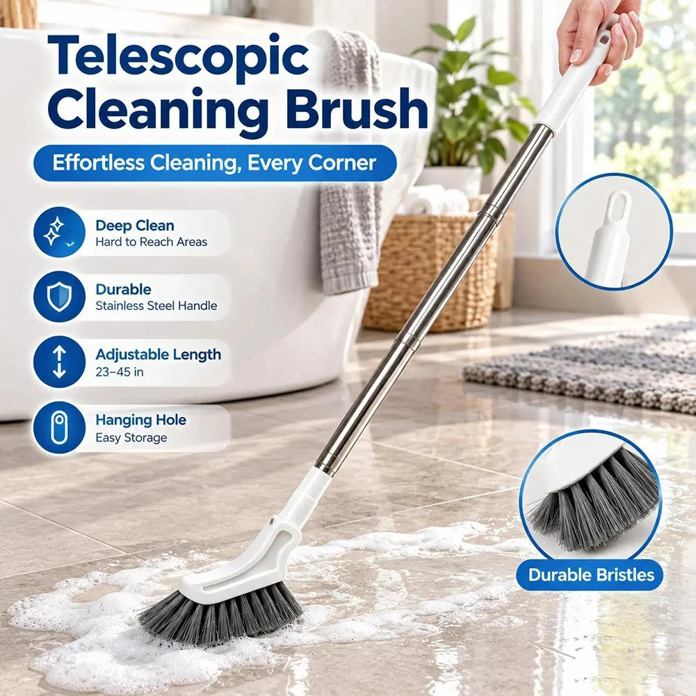 Telescopic cleaning brush scrubbing a bathroom floor, with deep clean, durable, adjustable length and hanging hole features