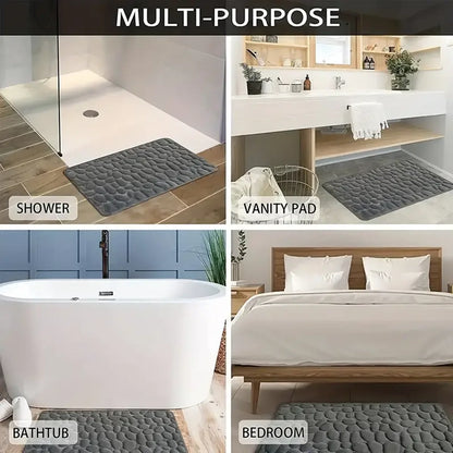 Cobblestone mat used by the shower, vanity, bathtub and bed