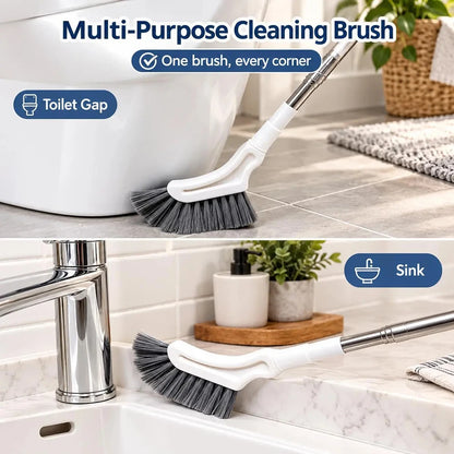 Multi-purpose cleaning brush used along a toilet gap and around a sink