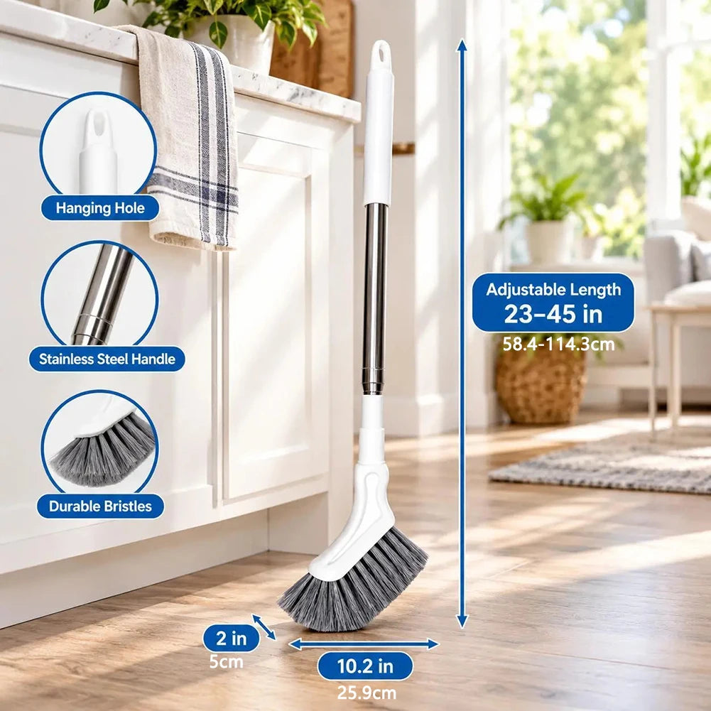 Floor scrub brush dimensions: adjustable 23 to 45 inch stainless steel handle, 10.2 x 2 inch brush head
