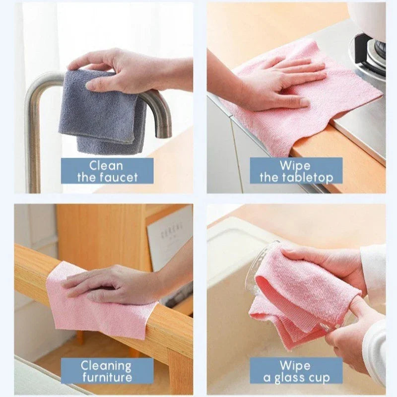 Microfiber sheets wiping a faucet, table, furniture and a glass