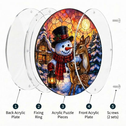 Exploded view of the Lantern Snowman & Deer suncatcher: back acrylic plate, fixing ring, puzzle pieces, front plate and screws