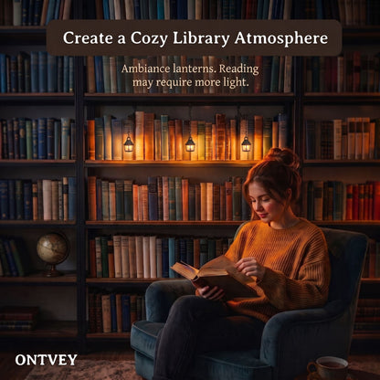 Cozy library atmosphere with lantern lights
