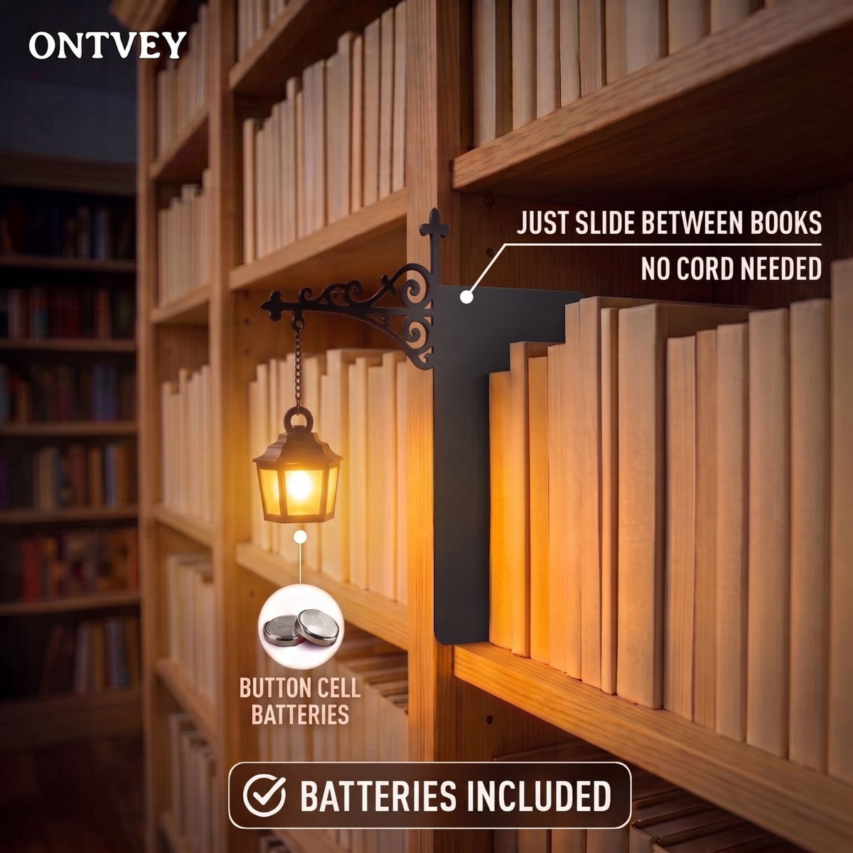 Slides between books, button cell batteries included
