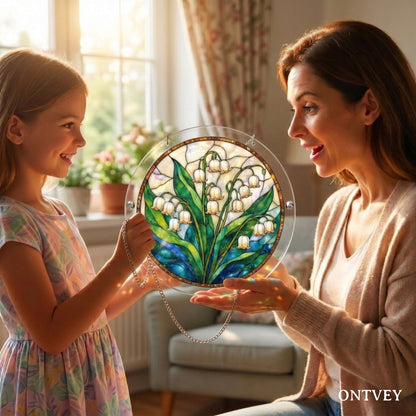 Mother and daughter holding the finished Lily of the Valley puzzle suncatcher