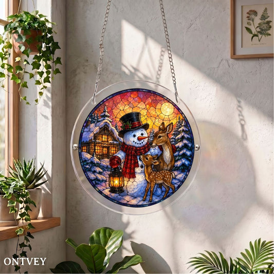 Lantern Snowman & Deer acrylic puzzle suncatcher hanging by a sunny window