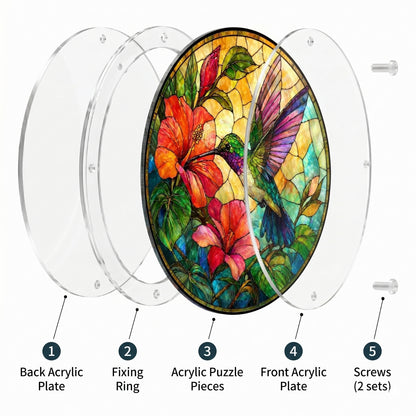 Exploded view of the Hummingbird suncatcher: back acrylic plate, fixing ring, puzzle pieces, front plate and screws