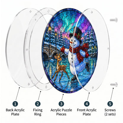 Exploded view of the Skating Snowman & Deer suncatcher: back acrylic plate, fixing ring, puzzle pieces, front plate and screws