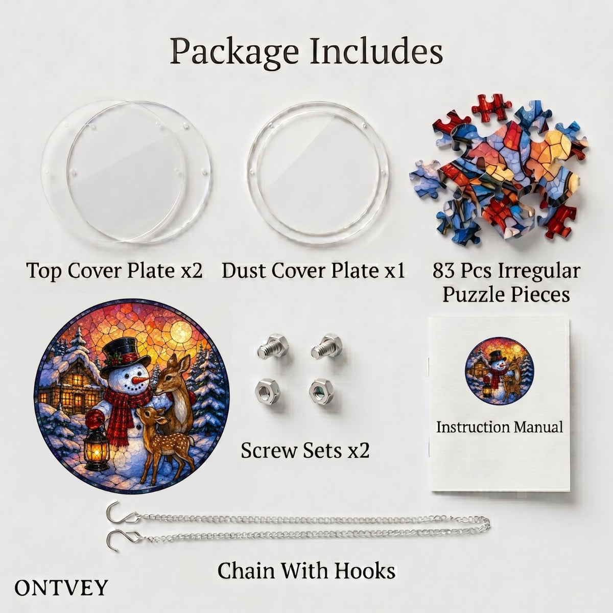 Lantern Snowman & Deer suncatcher kit contents: cover plates, 83 puzzle pieces, reference picture, screw sets, manual and hanging chain