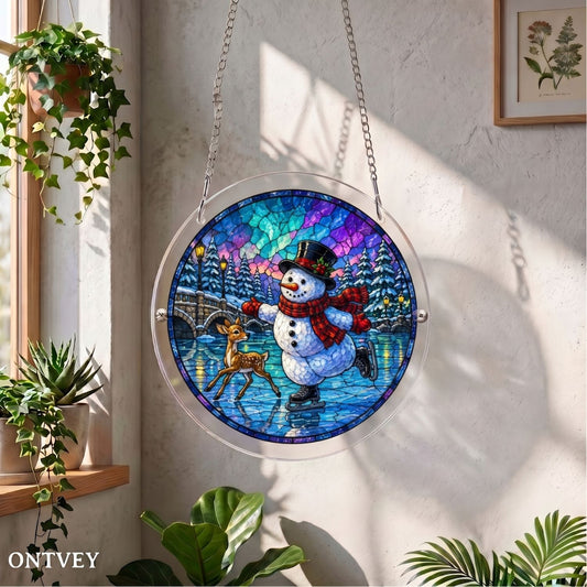 Skating Snowman & Deer acrylic puzzle suncatcher hanging by a sunny window