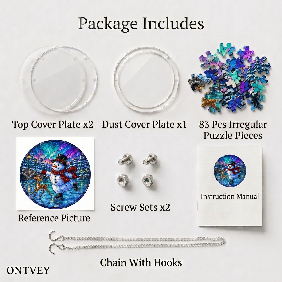Skating Snowman & Deer suncatcher kit contents: cover plates, 83 puzzle pieces, reference picture, screw sets, manual and hanging chain