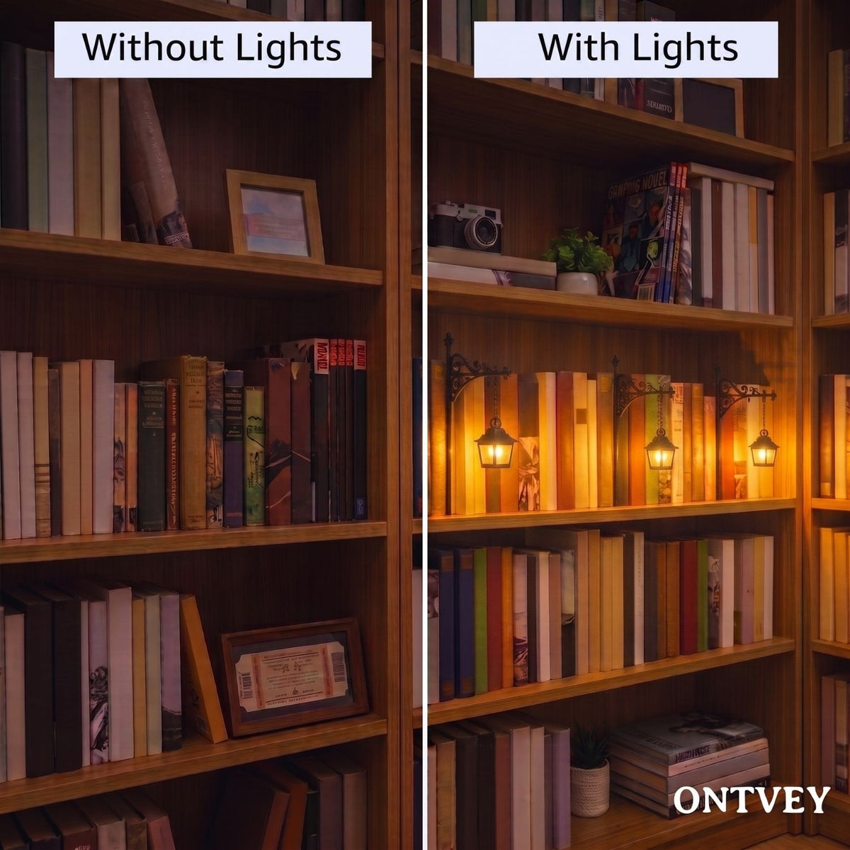Bookshelf without and with lantern lights